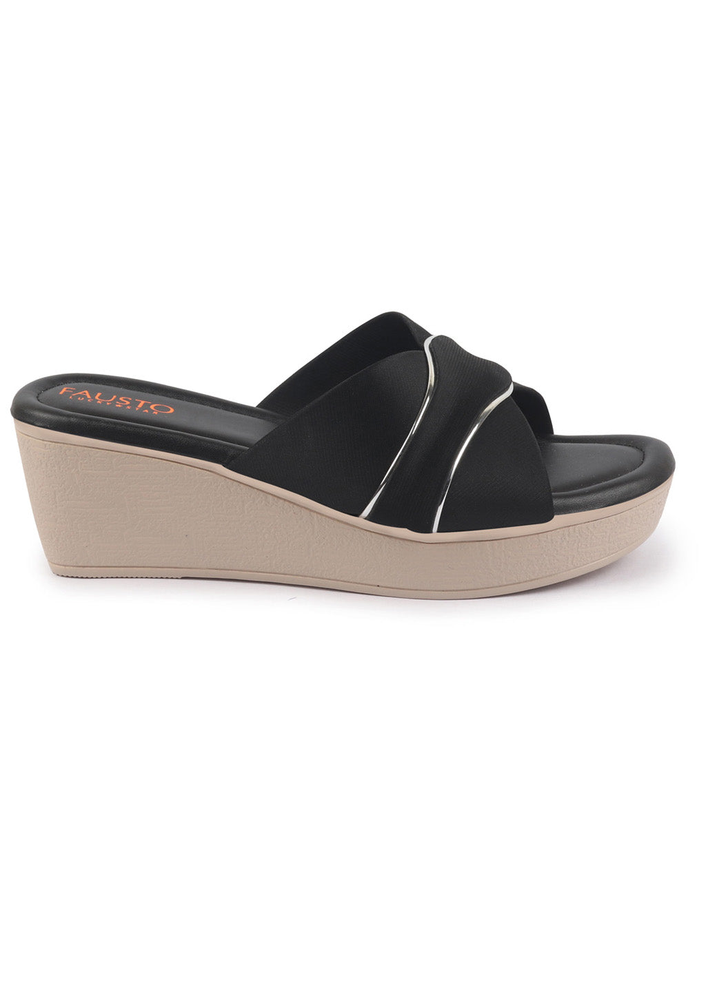 Shop FAUSTO Women Black Silver Lining Open Toe Cross Strap Wedge Slip On Sandal With Cushioned Footbed|Sandal For Party|Festive|Wedding Online.