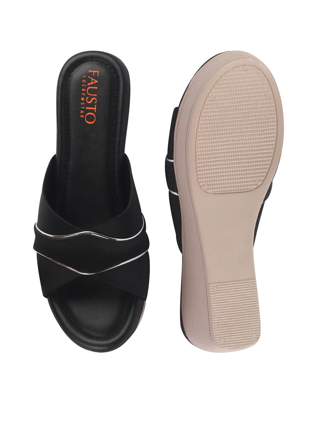 Shop FAUSTO Women Black Silver Lining Open Toe Cross Strap Wedge Slip On Sandal With Cushioned Footbed|Sandal For Party|Festive|Wedding Online.