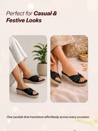 Shop FAUSTO Women Black Silver Lining Open Toe Cross Strap Wedge Slip On Sandal With Cushioned Footbed|Sandal For Party|Festive|Wedding Online.