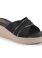Shop FAUSTO Women Black Silver Lining Open Toe Cross Strap Wedge Slip On Sandal With Cushioned Footbed|Sandal For Party|Festive|Wedding Online.