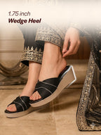 Shop FAUSTO Women Black Silver Lining Open Toe Cross Strap Wedge Slip On Sandal With Cushioned Footbed|Sandal For Party|Festive|Wedding Online.