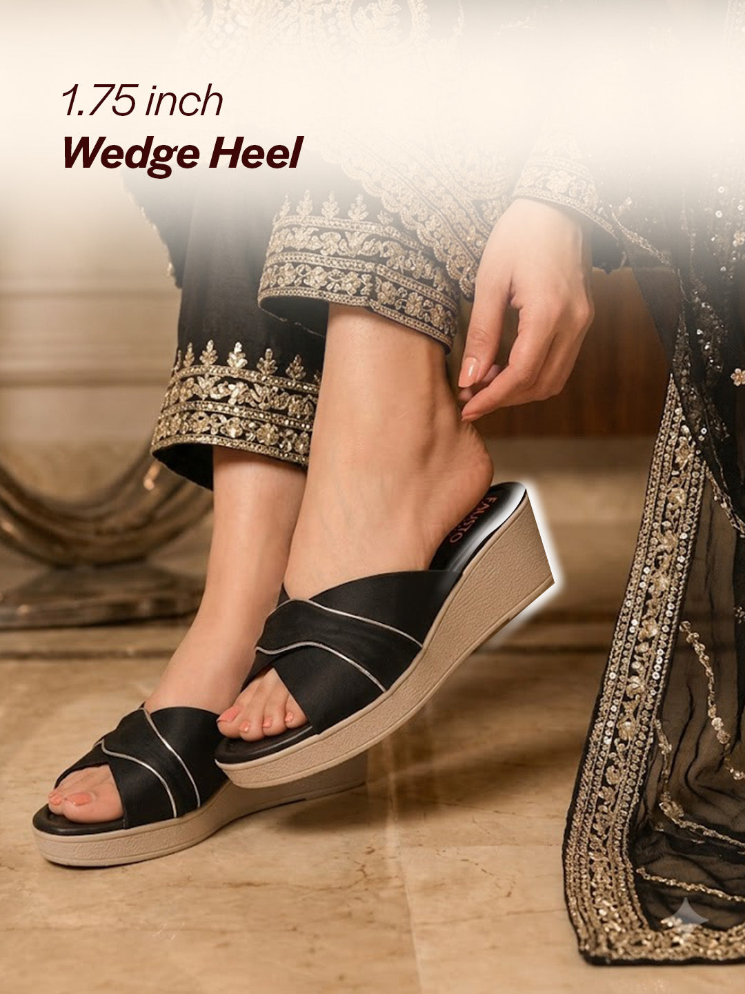 Shop FAUSTO Women Black Silver Lining Open Toe Cross Strap Wedge Slip On Sandal With Cushioned Footbed|Sandal For Party|Festive|Wedding Online.