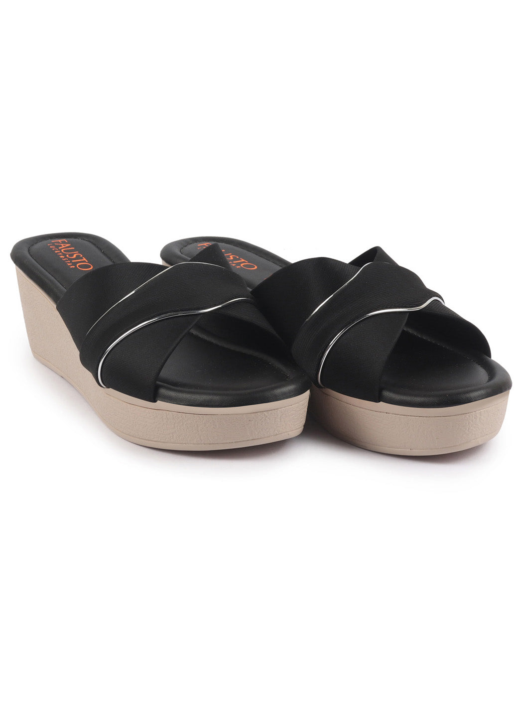 Shop FAUSTO Women Black Silver Lining Open Toe Cross Strap Wedge Slip On Sandal With Cushioned Footbed|Sandal For Party|Festive|Wedding Online.