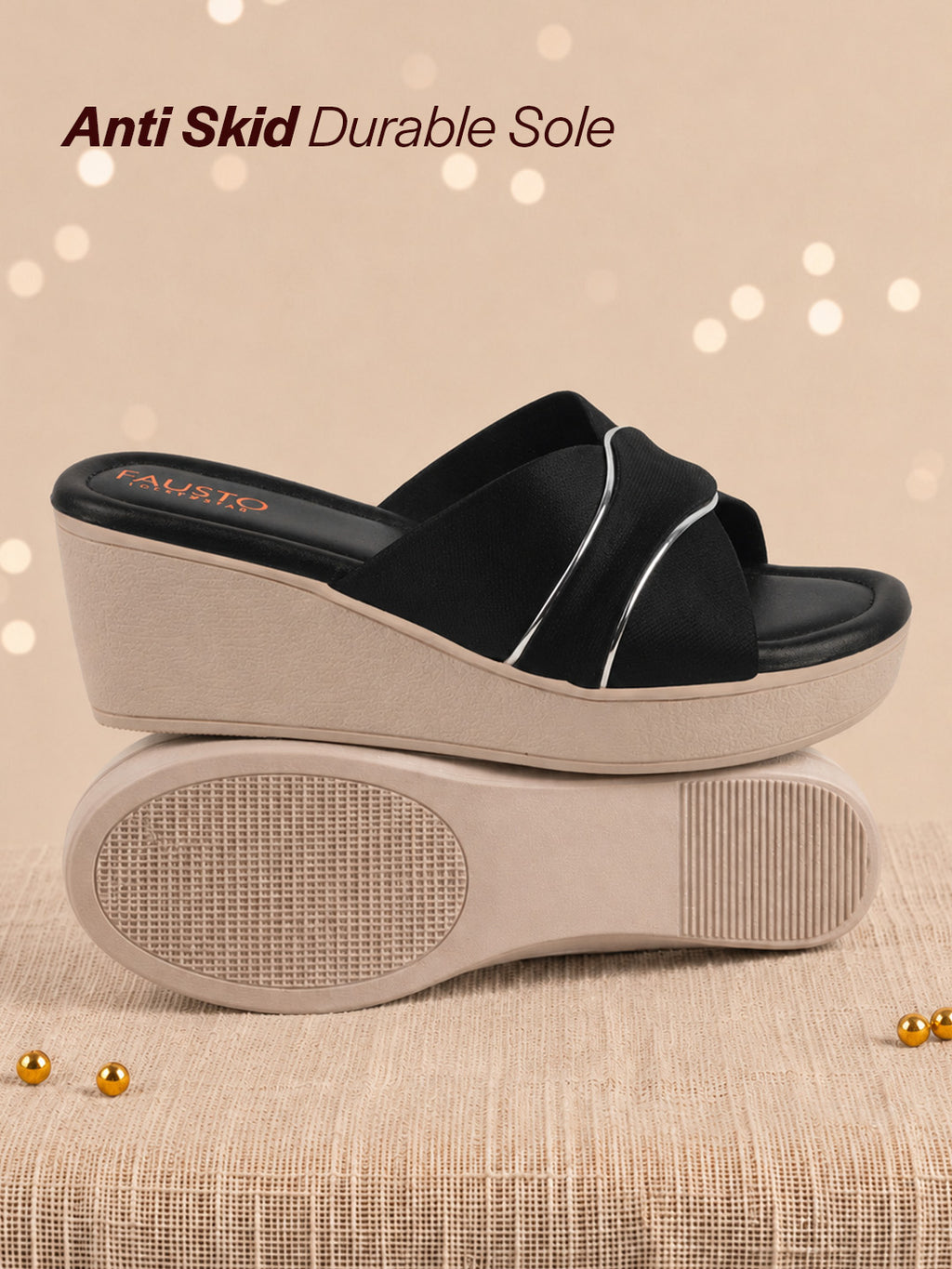 Shop FAUSTO Women Black Silver Lining Open Toe Cross Strap Wedge Slip On Sandal With Cushioned Footbed|Sandal For Party|Festive|Wedding Online.