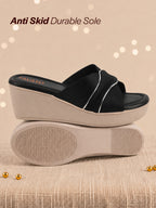 Shop FAUSTO Women Black Silver Lining Open Toe Cross Strap Wedge Slip On Sandal With Cushioned Footbed|Sandal For Party|Festive|Wedding Online.