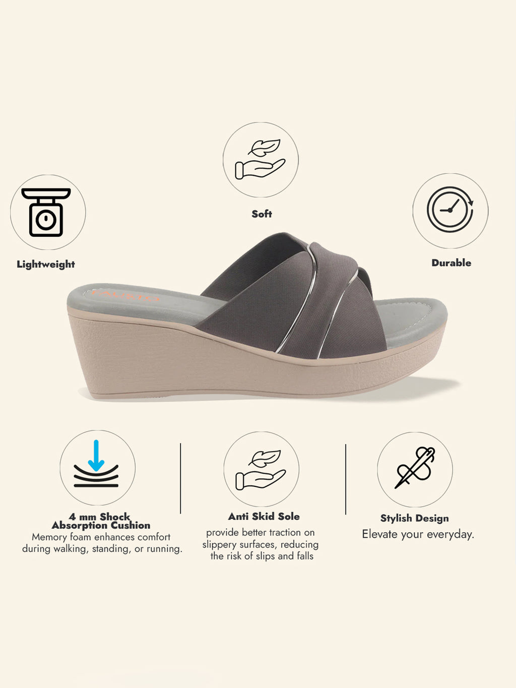 Shop FAUSTO Women Grey Silver Lining Open Toe Cross Strap Wedge Slip On Sandal With Cushioned Footbed|Sandal For Party|Festive|Wedding Online.
