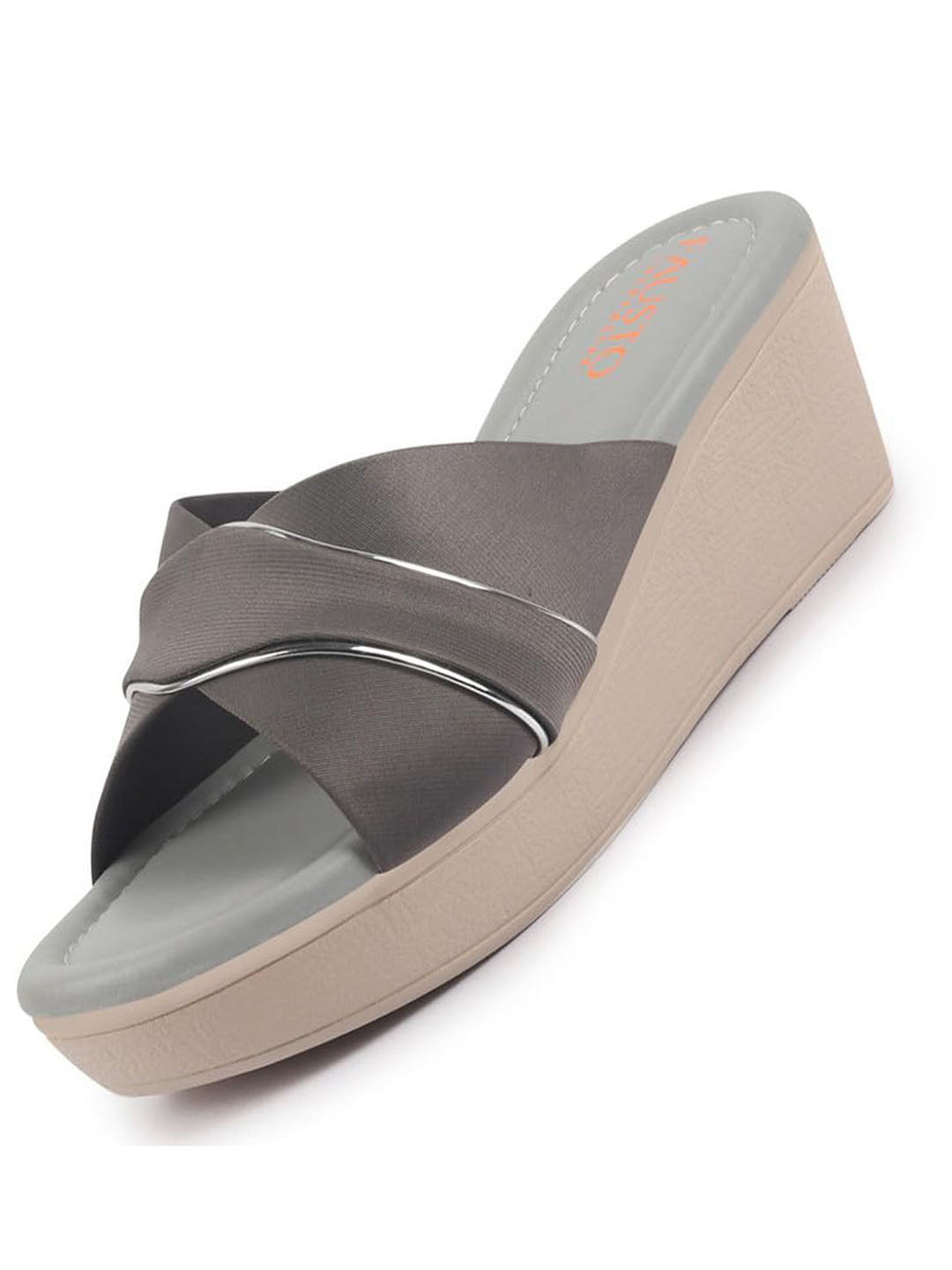 Shop FAUSTO Women Grey Silver Lining Open Toe Cross Strap Wedge Slip On Sandal With Cushioned Footbed|Sandal For Party|Festive|Wedding Online.