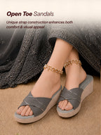 Shop FAUSTO Women Grey Silver Lining Open Toe Cross Strap Wedge Slip On Sandal With Cushioned Footbed|Sandal For Party|Festive|Wedding Online.