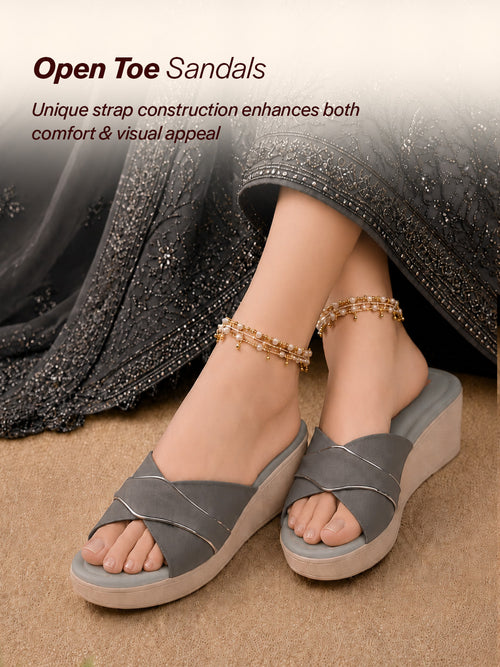 Shop FAUSTO Women Grey Silver Lining Open Toe Cross Strap Wedge Slip On Sandal With Cushioned Footbed|Sandal For Party|Festive|Wedding Online.