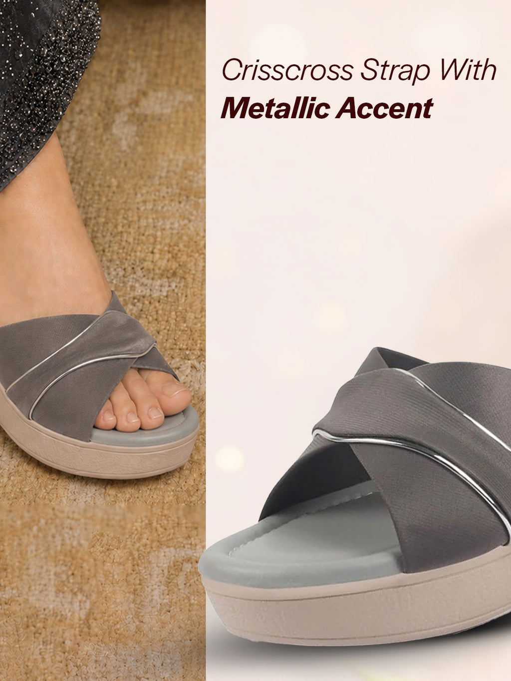 Shop FAUSTO Women Grey Silver Lining Open Toe Cross Strap Wedge Slip On Sandal With Cushioned Footbed|Sandal For Party|Festive|Wedding Online.