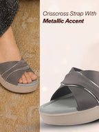 Shop FAUSTO Women Grey Silver Lining Open Toe Cross Strap Wedge Slip On Sandal With Cushioned Footbed|Sandal For Party|Festive|Wedding Online.