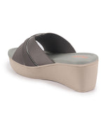 Shop FAUSTO Women Grey Silver Lining Open Toe Cross Strap Wedge Slip On Sandal With Cushioned Footbed|Sandal For Party|Festive|Wedding Online.