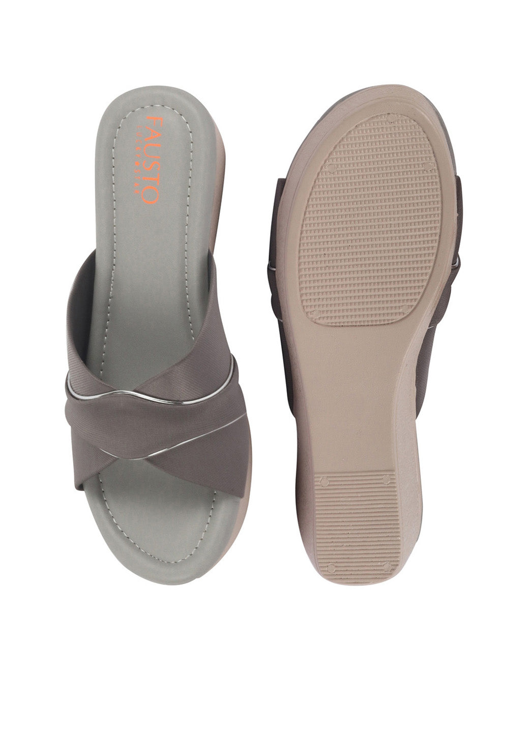 Shop FAUSTO Women Grey Silver Lining Open Toe Cross Strap Wedge Slip On Sandal With Cushioned Footbed|Sandal For Party|Festive|Wedding Online.