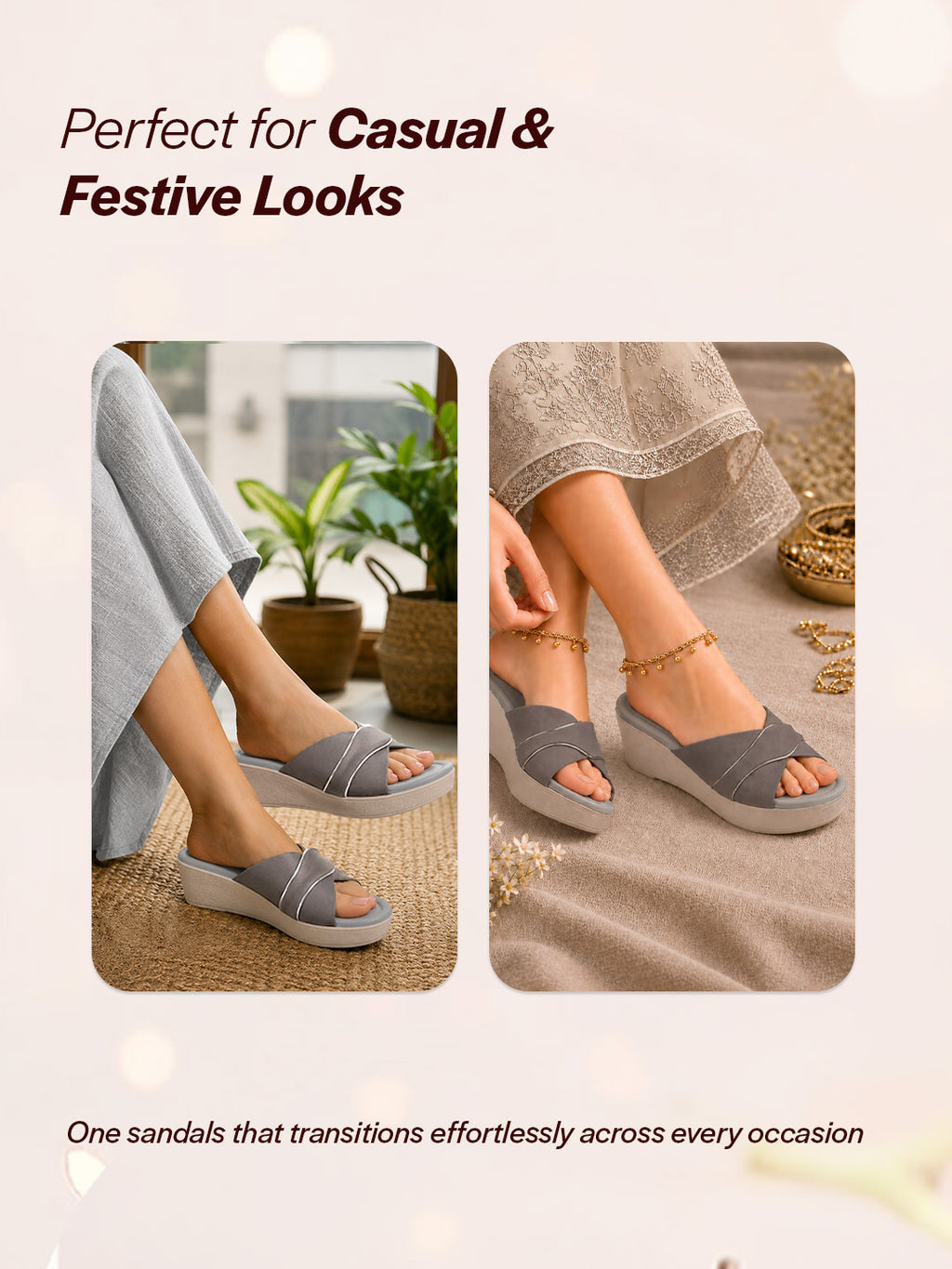 Shop FAUSTO Women Grey Silver Lining Open Toe Cross Strap Wedge Slip On Sandal With Cushioned Footbed|Sandal For Party|Festive|Wedding Online.