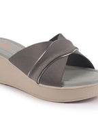 Shop FAUSTO Women Grey Silver Lining Open Toe Cross Strap Wedge Slip On Sandal With Cushioned Footbed|Sandal For Party|Festive|Wedding Online.