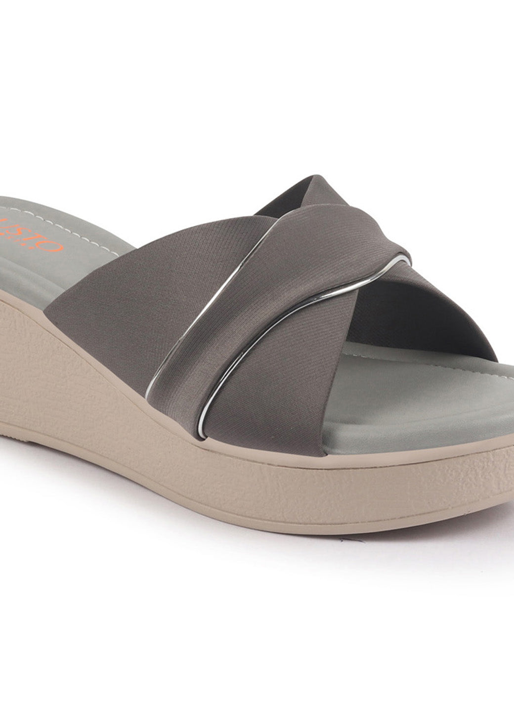 Shop FAUSTO Women Grey Silver Lining Open Toe Cross Strap Wedge Slip On Sandal With Cushioned Footbed|Sandal For Party|Festive|Wedding Online.