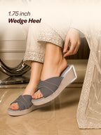 Shop FAUSTO Women Grey Silver Lining Open Toe Cross Strap Wedge Slip On Sandal With Cushioned Footbed|Sandal For Party|Festive|Wedding Online.