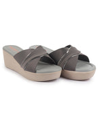 Shop FAUSTO Women Grey Silver Lining Open Toe Cross Strap Wedge Slip On Sandal With Cushioned Footbed|Sandal For Party|Festive|Wedding Online.