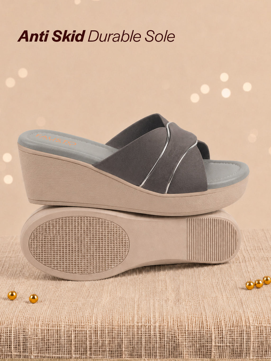 Shop FAUSTO Women Grey Silver Lining Open Toe Cross Strap Wedge Slip On Sandal With Cushioned Footbed|Sandal For Party|Festive|Wedding Online.