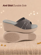 Shop FAUSTO Women Grey Silver Lining Open Toe Cross Strap Wedge Slip On Sandal With Cushioned Footbed|Sandal For Party|Festive|Wedding Online.