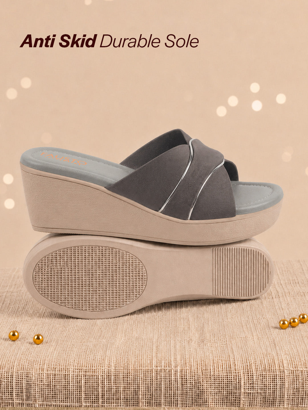 Shop FAUSTO Women Grey Silver Lining Open Toe Cross Strap Wedge Slip On Sandal With Cushioned Footbed|Sandal For Party|Festive|Wedding Online.