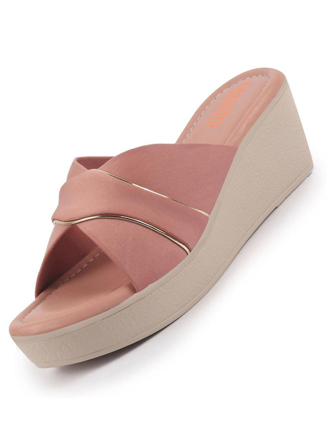 FAUSTO Women Pink Silver Lining Open Toe Cross Strap Wedge Slip On Sandal With Cushioned Footbed|Sandal For Party|Festive|Wedding