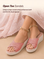 women pink silver lining open toe cross strap wedge slip on sandal with cushioned footbed|sandal for party|festive|wedding
