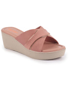 Shop FAUSTO Women Pink Silver Lining Open Toe Cross Strap Wedge Slip On Sandal With Cushioned Footbed|Sandal For Party|Festive|Wedding Online.