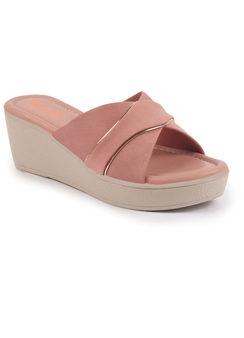Shop FAUSTO Women Pink Silver Lining Open Toe Cross Strap Wedge Slip On Sandal With Cushioned Footbed|Sandal For Party|Festive|Wedding Online.