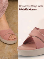 women pink silver lining open toe cross strap wedge slip on sandal with cushioned footbed|sandal for party|festive|wedding