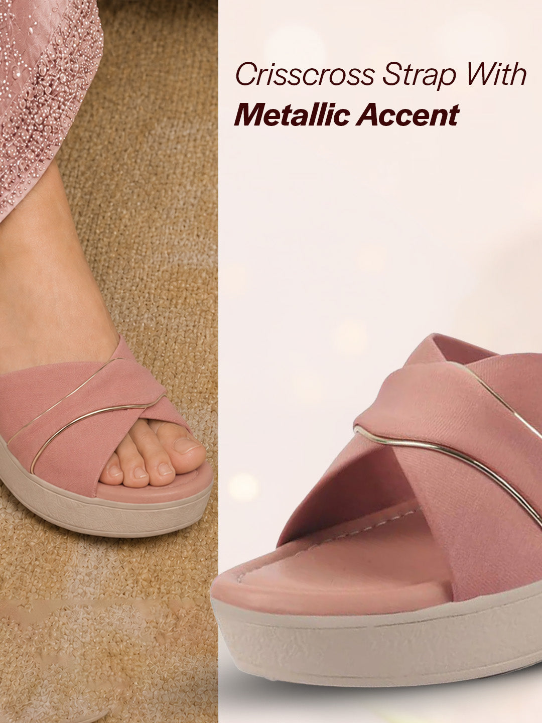 women pink silver lining open toe cross strap wedge slip on sandal with cushioned footbed|sandal for party|festive|wedding