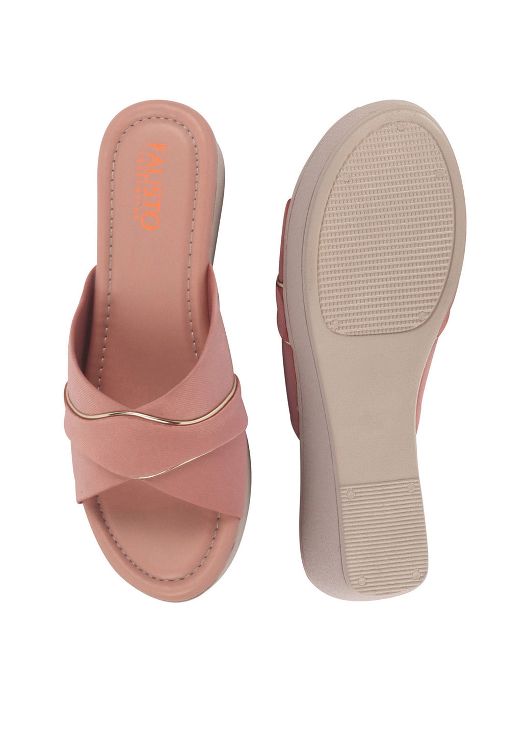 Shop FAUSTO Women Pink Silver Lining Open Toe Cross Strap Wedge Slip On Sandal With Cushioned Footbed|Sandal For Party|Festive|Wedding Online.