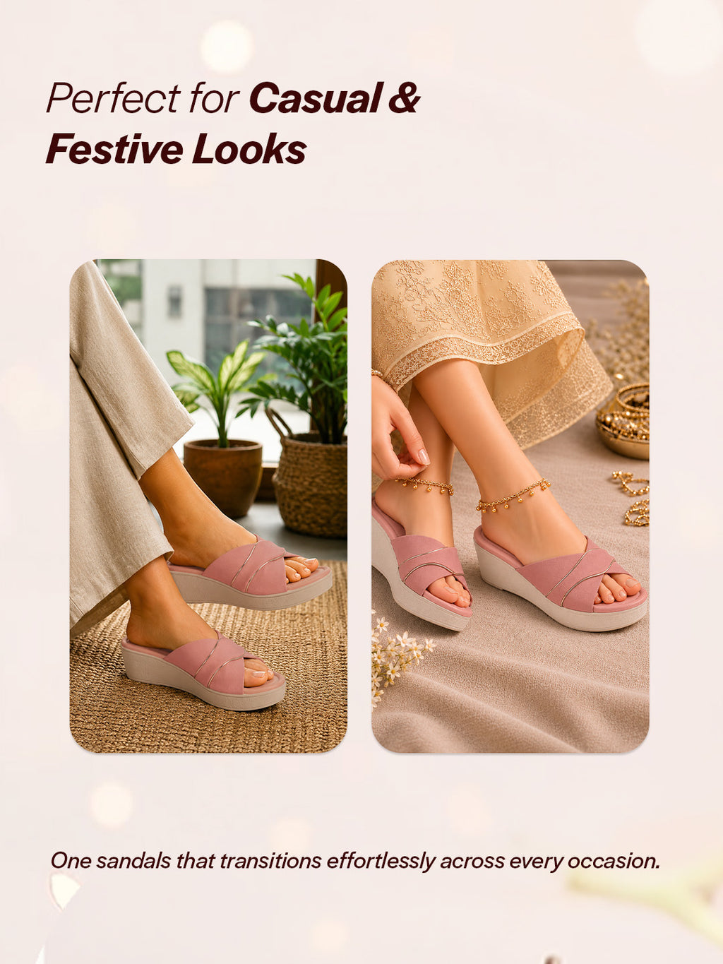 women pink silver lining open toe cross strap wedge slip on sandal with cushioned footbed|sandal for party|festive|wedding