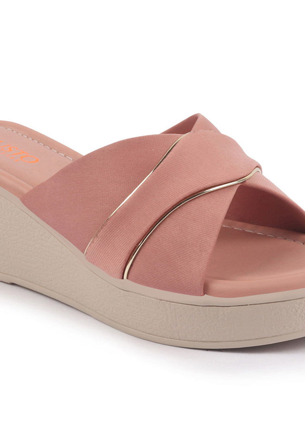 Shop FAUSTO Women Pink Silver Lining Open Toe Cross Strap Wedge Slip On Sandal With Cushioned Footbed|Sandal For Party|Festive|Wedding Online.