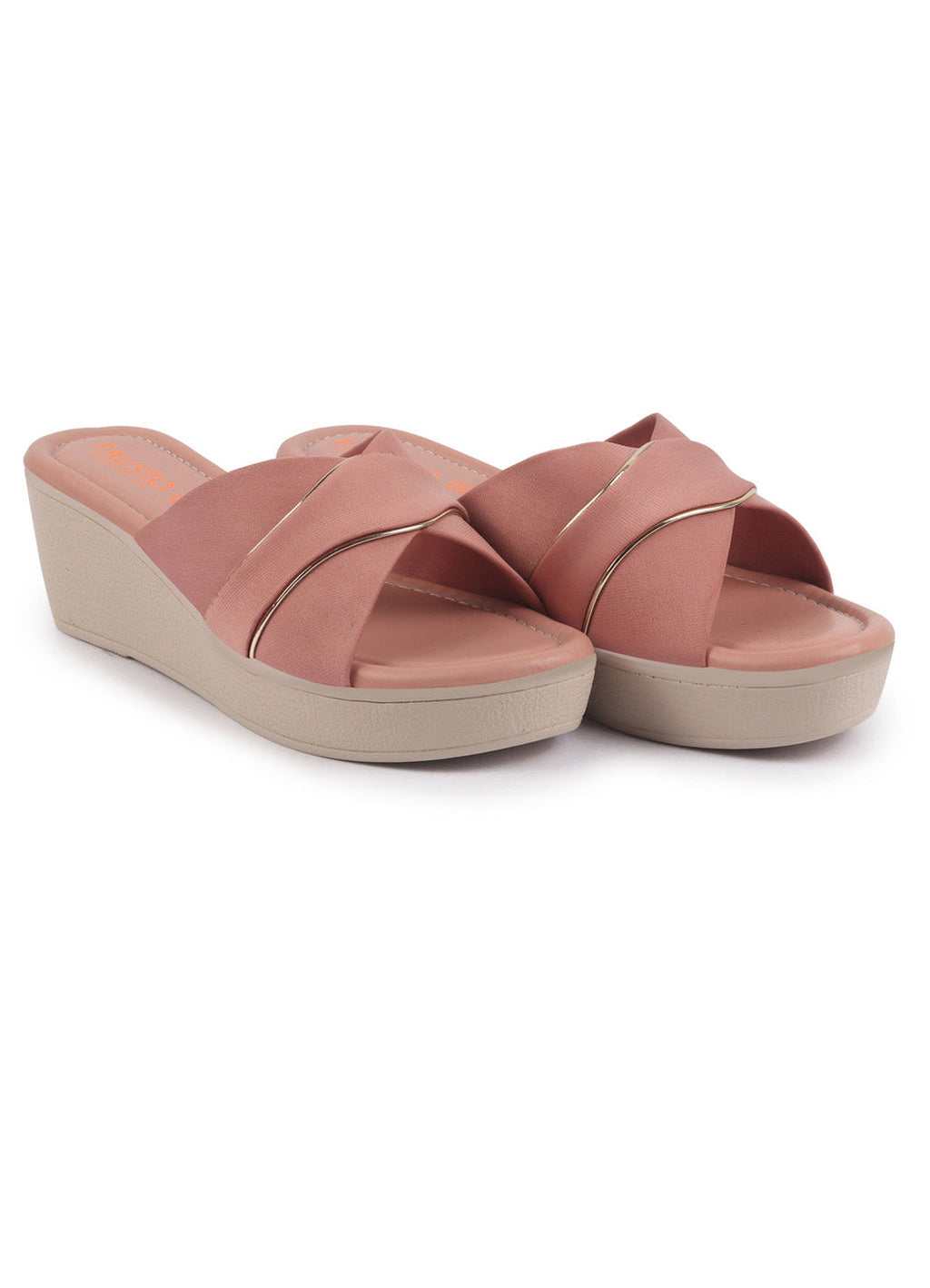 Shop FAUSTO Women Pink Silver Lining Open Toe Cross Strap Wedge Slip On Sandal With Cushioned Footbed|Sandal For Party|Festive|Wedding Online.