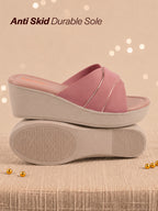 women pink silver lining open toe cross strap wedge slip on sandal with cushioned footbed|sandal for party|festive|wedding