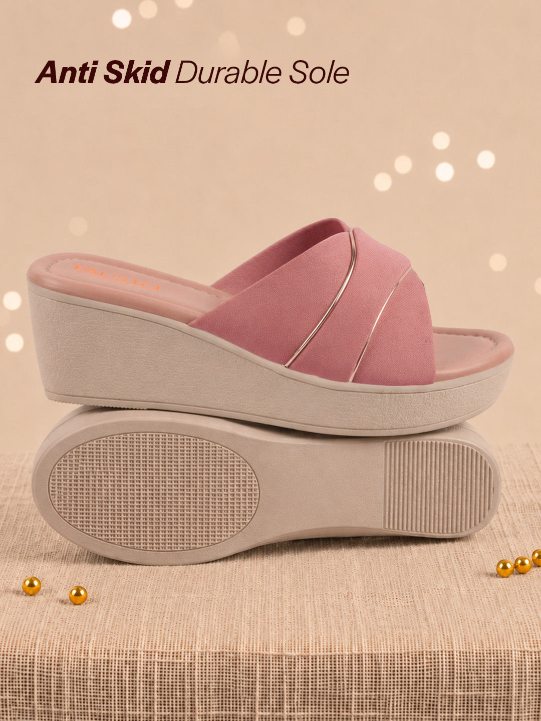 women pink silver lining open toe cross strap wedge slip on sandal with cushioned footbed|sandal for party|festive|wedding