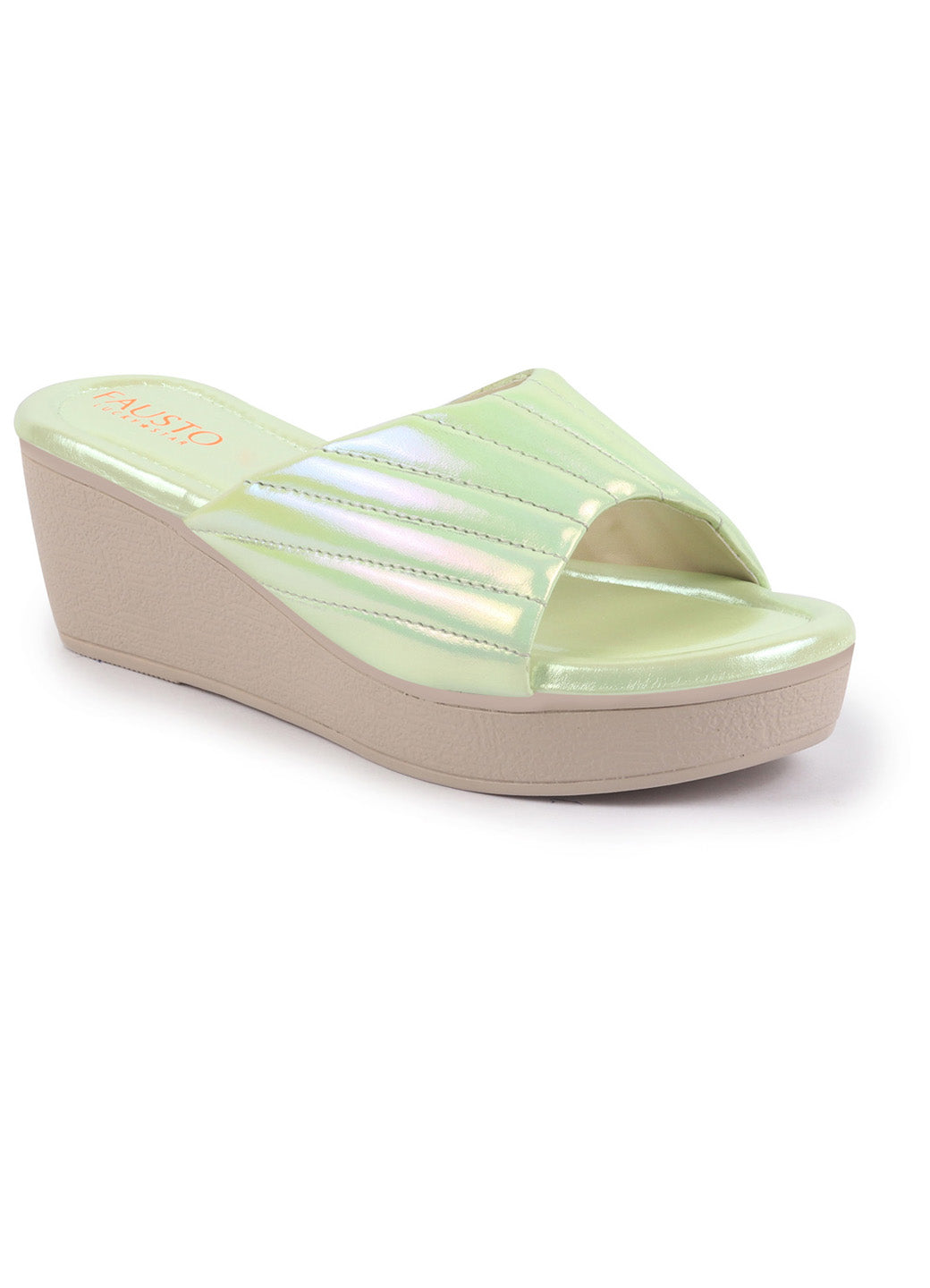 Shop FAUSTO Women Gold Glossy Open Toe Back Open Platform Slip On Sandal With Cushioned Footbed|Sandal For Broad Feet|Festive|Wedding Online.