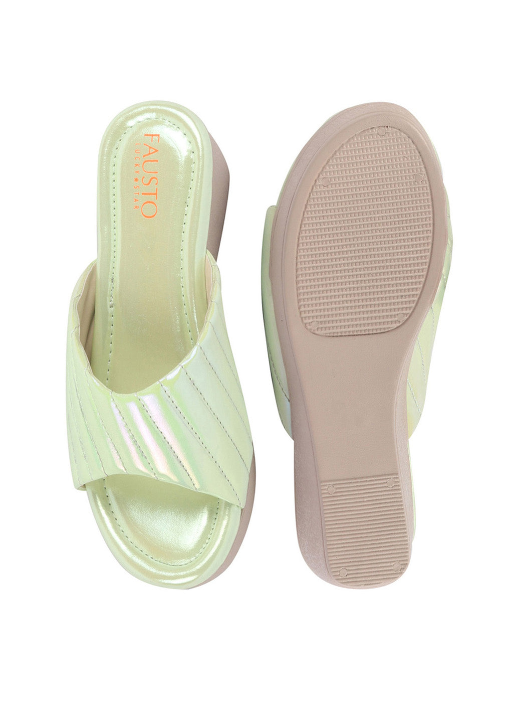 Shop FAUSTO Women Gold Glossy Open Toe Back Open Platform Slip On Sandal With Cushioned Footbed|Sandal For Broad Feet|Festive|Wedding Online.