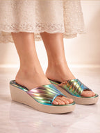 Shop FAUSTO Women Multi Glossy Open Toe Back Open Platform Slip On Sandal With Cushioned Footbed|Sandal For Broad Feet|Festive|Wedding Online.