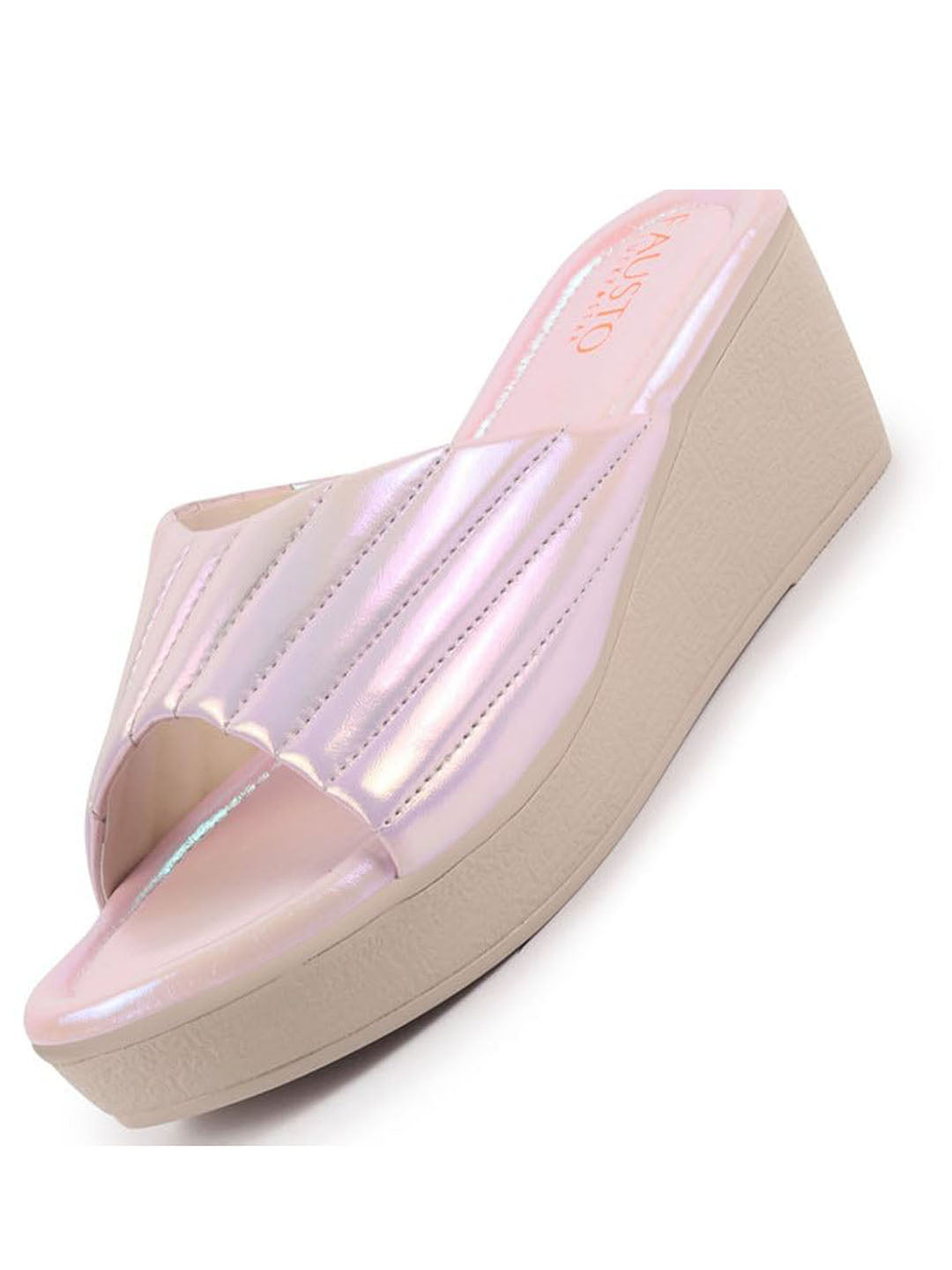 FAUSTO Women Pink Glossy Open Toe Back Open Platform Slip On Sandal With Cushioned Footbed|Sandal For Broad Feet|Festive|Wedding
