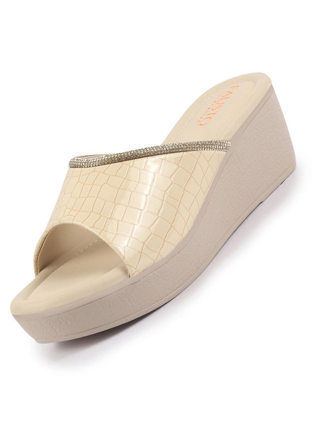 Shop FAUSTO Women Beige Embellished Open Toe Textured Wedge Heel Sandal With Cushioned Footbed|Platform Sandal For Party|Festive|Wedding Online.