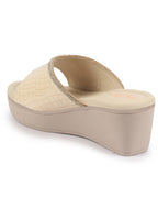 Shop FAUSTO Women Beige Embellished Open Toe Textured Wedge Heel Sandal With Cushioned Footbed|Platform Sandal For Party|Festive|Wedding Online.