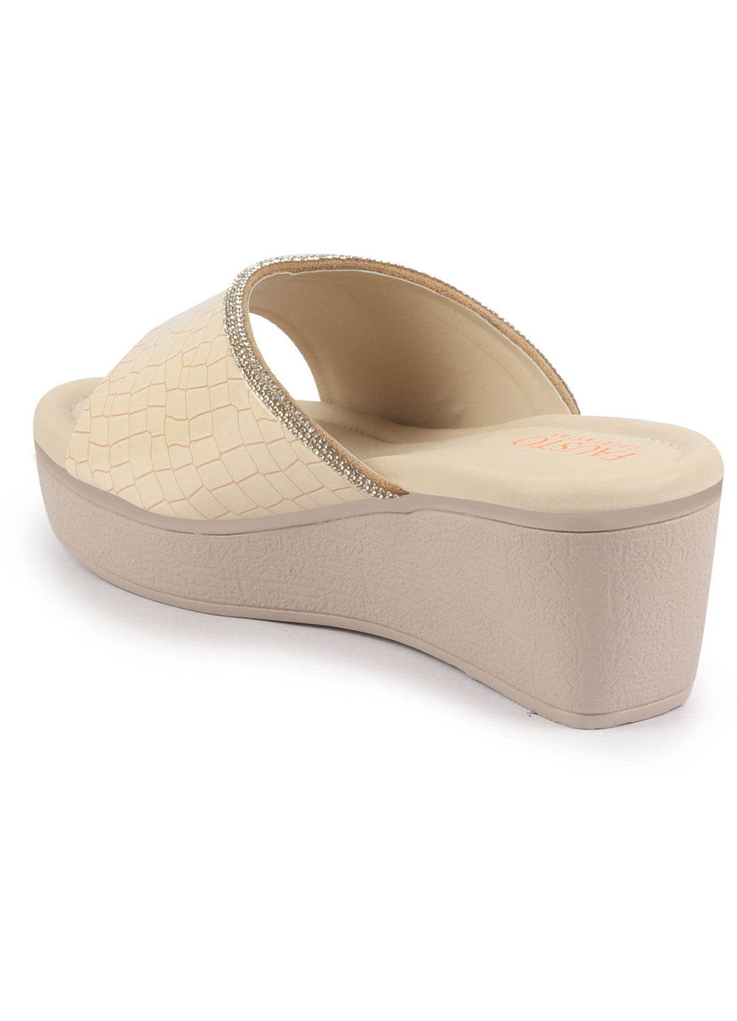 Shop FAUSTO Women Beige Embellished Open Toe Textured Wedge Heel Sandal With Cushioned Footbed|Platform Sandal For Party|Festive|Wedding Online.