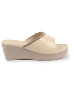 Shop FAUSTO Women Beige Embellished Open Toe Textured Wedge Heel Sandal With Cushioned Footbed|Platform Sandal For Party|Festive|Wedding Online.