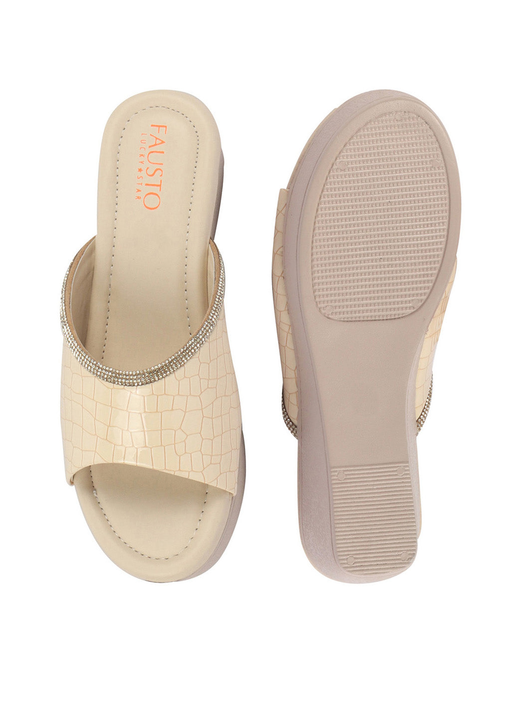 Shop FAUSTO Women Beige Embellished Open Toe Textured Wedge Heel Sandal With Cushioned Footbed|Platform Sandal For Party|Festive|Wedding Online.