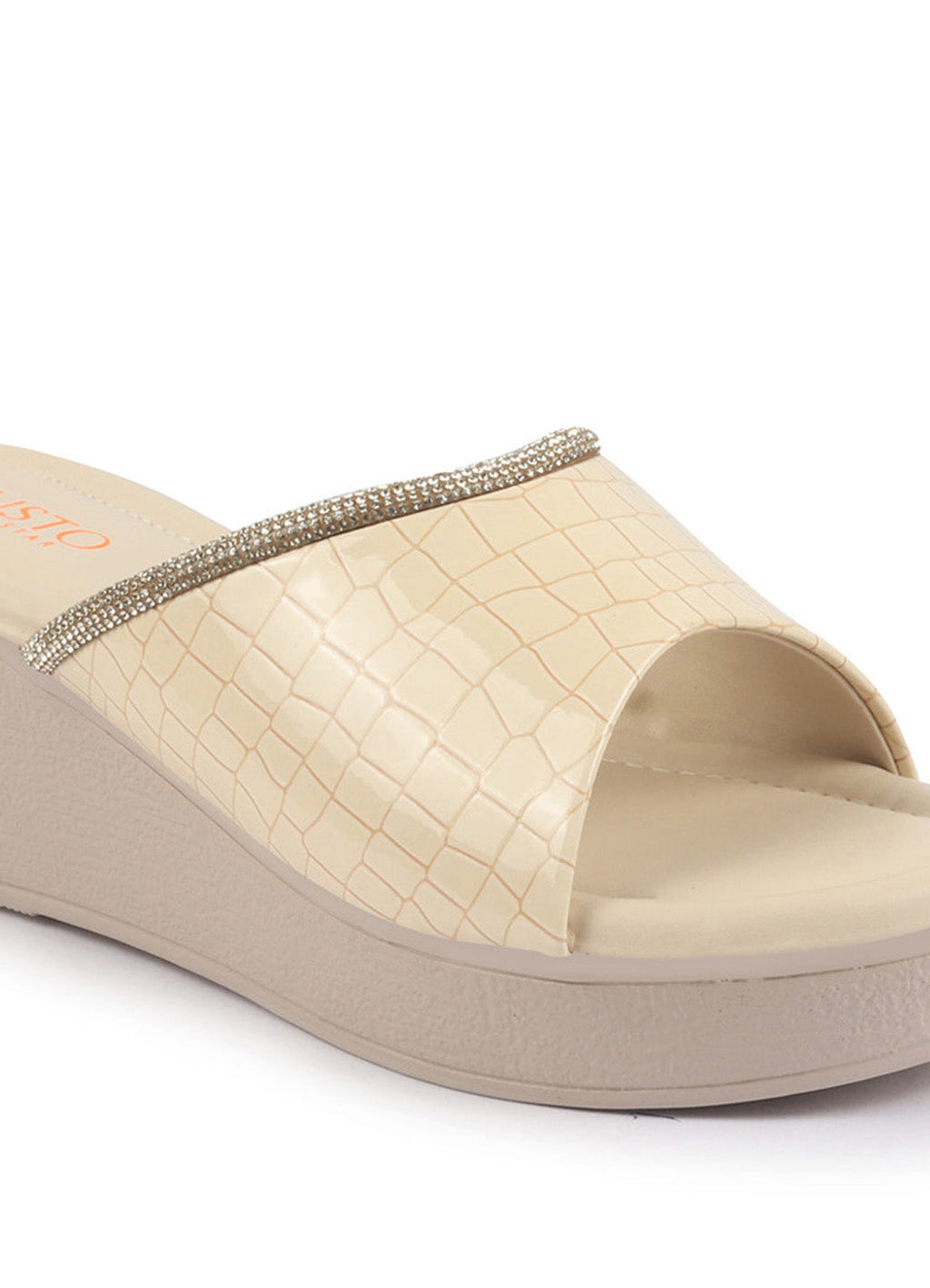 Shop FAUSTO Women Beige Embellished Open Toe Textured Wedge Heel Sandal With Cushioned Footbed|Platform Sandal For Party|Festive|Wedding Online.
