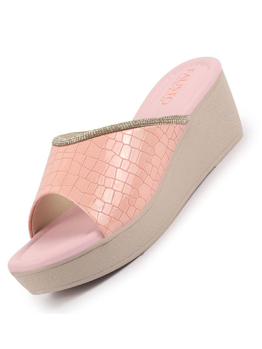 Shop FAUSTO Women Pink Embellished Open Toe Textured Wedge Heel Sandal With Cushioned Footbed|Platform Sandal For Party|Festive|Wedding Online.