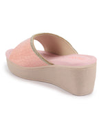 Shop FAUSTO Women Pink Embellished Open Toe Textured Wedge Heel Sandal With Cushioned Footbed|Platform Sandal For Party|Festive|Wedding Online.