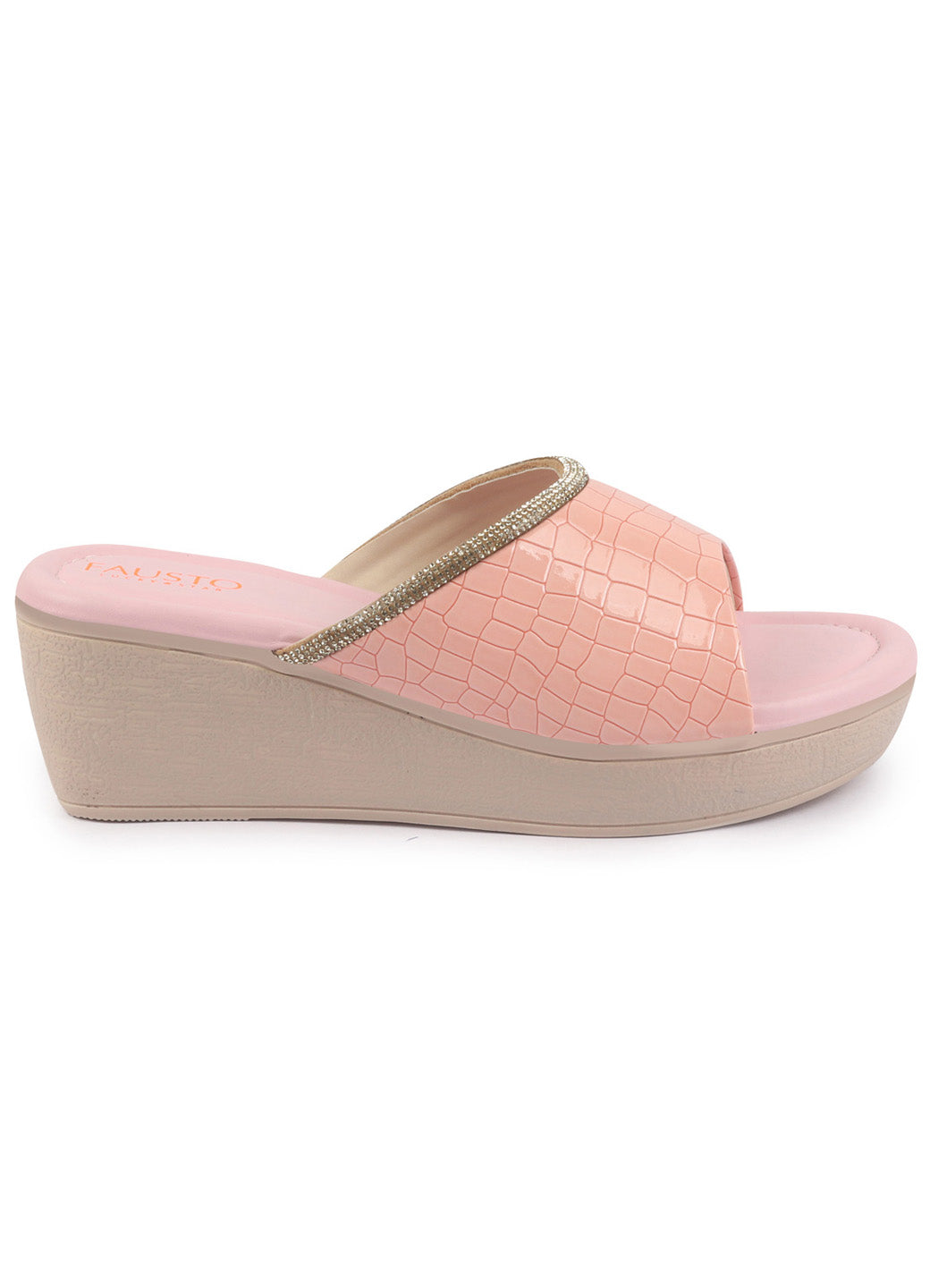 Shop FAUSTO Women Pink Embellished Open Toe Textured Wedge Heel Sandal With Cushioned Footbed|Platform Sandal For Party|Festive|Wedding Online.